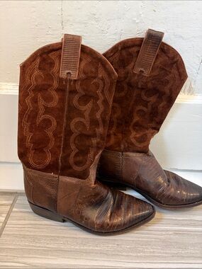 Vintage Sartore Brown Suede & Lizard Western Heeled Boots